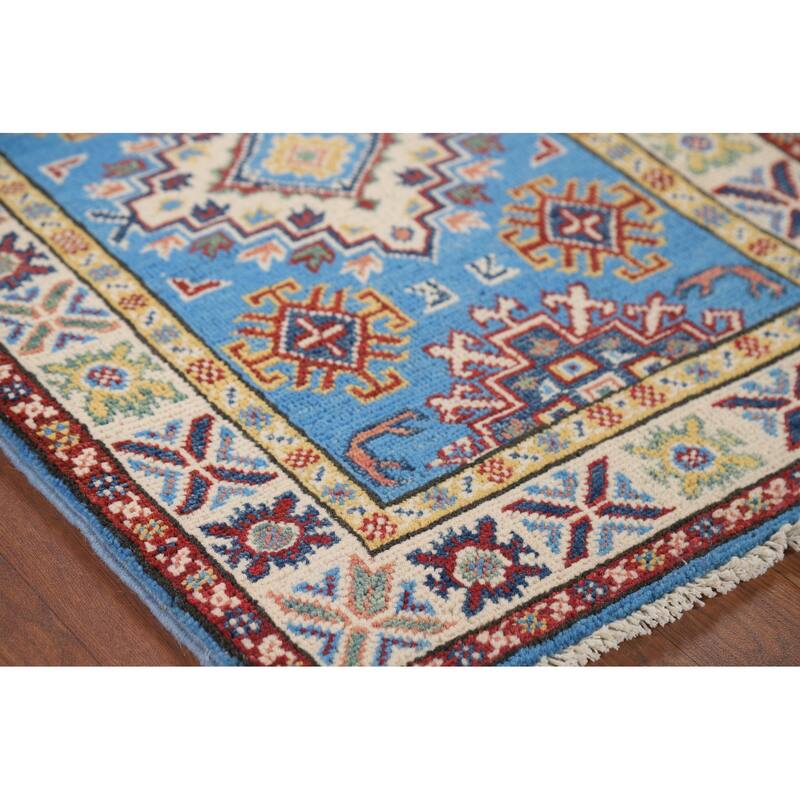 Blue Geometric Kazak Foyer Rug Handmade Oriental Wool Carpet - 2'1" x 3'0"