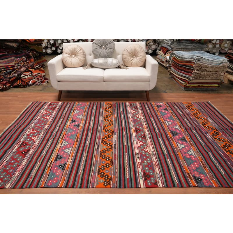 Hand Woven Oriental 100% Wool Carpet Southwestern Tribal Multi-Colored Kilim Area Rug - 9' 3'' X 5' 10''