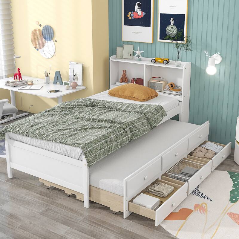 Twin Bed with Twin Trundle,Drawers - White