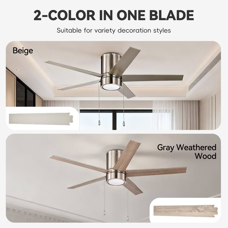 52 in. Indoor Flush Mount Ceiling Fan with 5 Blades & 18W 3CCT LED - 3 Finish Options, Pull Chain Control