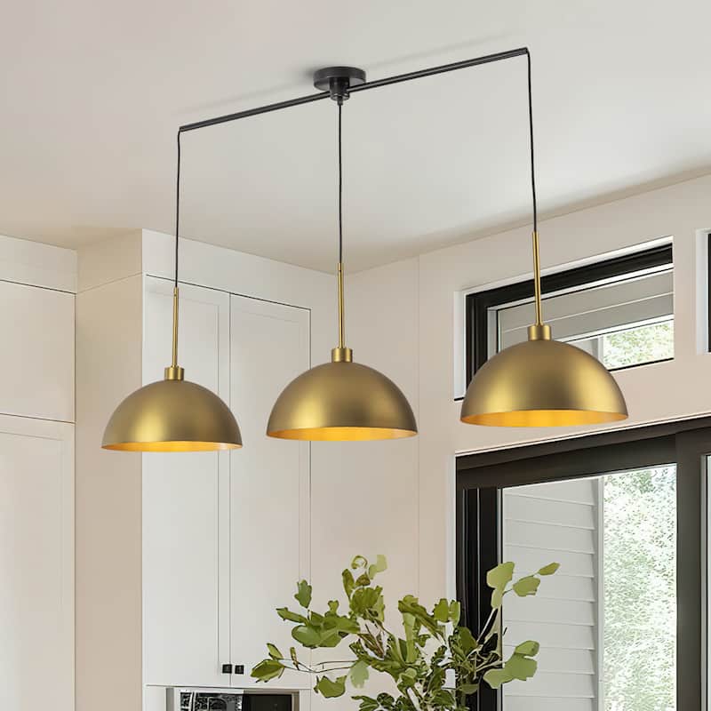 3-Light Modern Linear Chandelier Brass Cluster Dome Kitchen Island Light - W53.2"