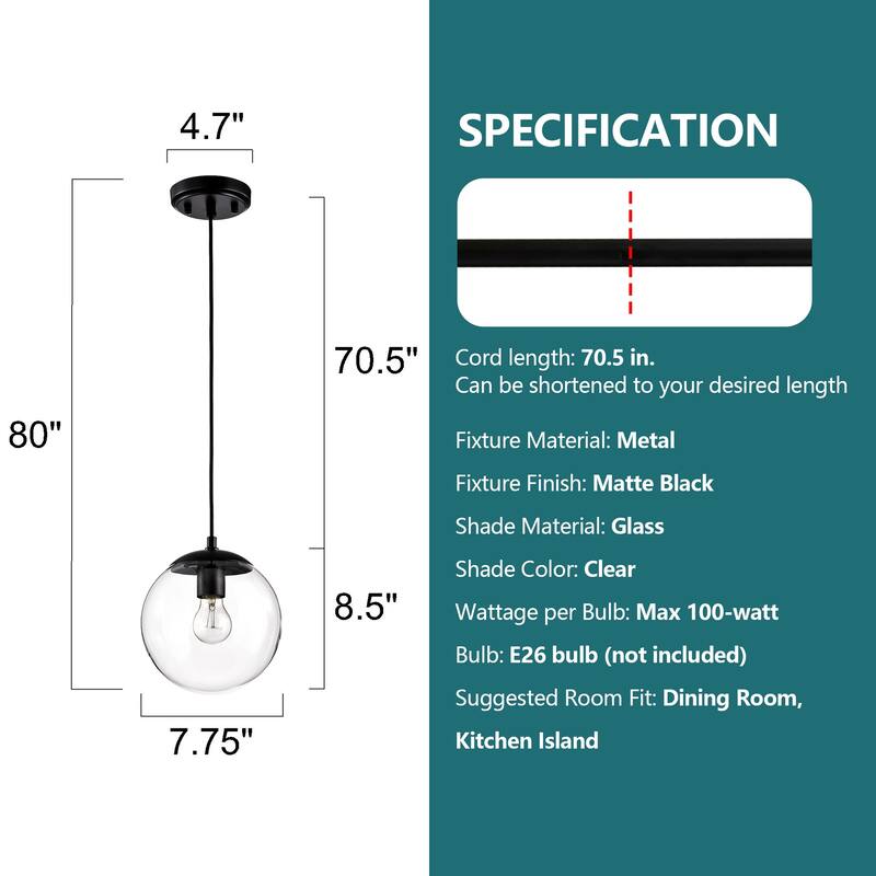 7.75 in. 1-Light Matte Black/Brushed Nickel Pendant Light with Clear Globe Glass Shade