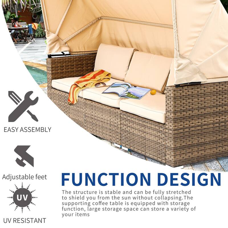 Moasis 6 Pieces Patio Wicker Sofa Daybed Furniture Set with Retractable Canopy - 7 Pcs