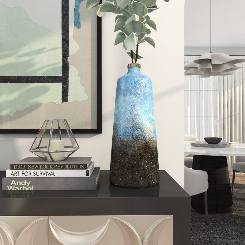 Blue Glass Galaxy Inspired Abstract Decorative Vase with Gold Top