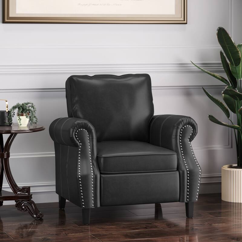 Roomfitters Faux Leather Club Chair with Rolled Arms, Nailhead Trim and Cushioned Seat, Classic Accent Armchair, Black