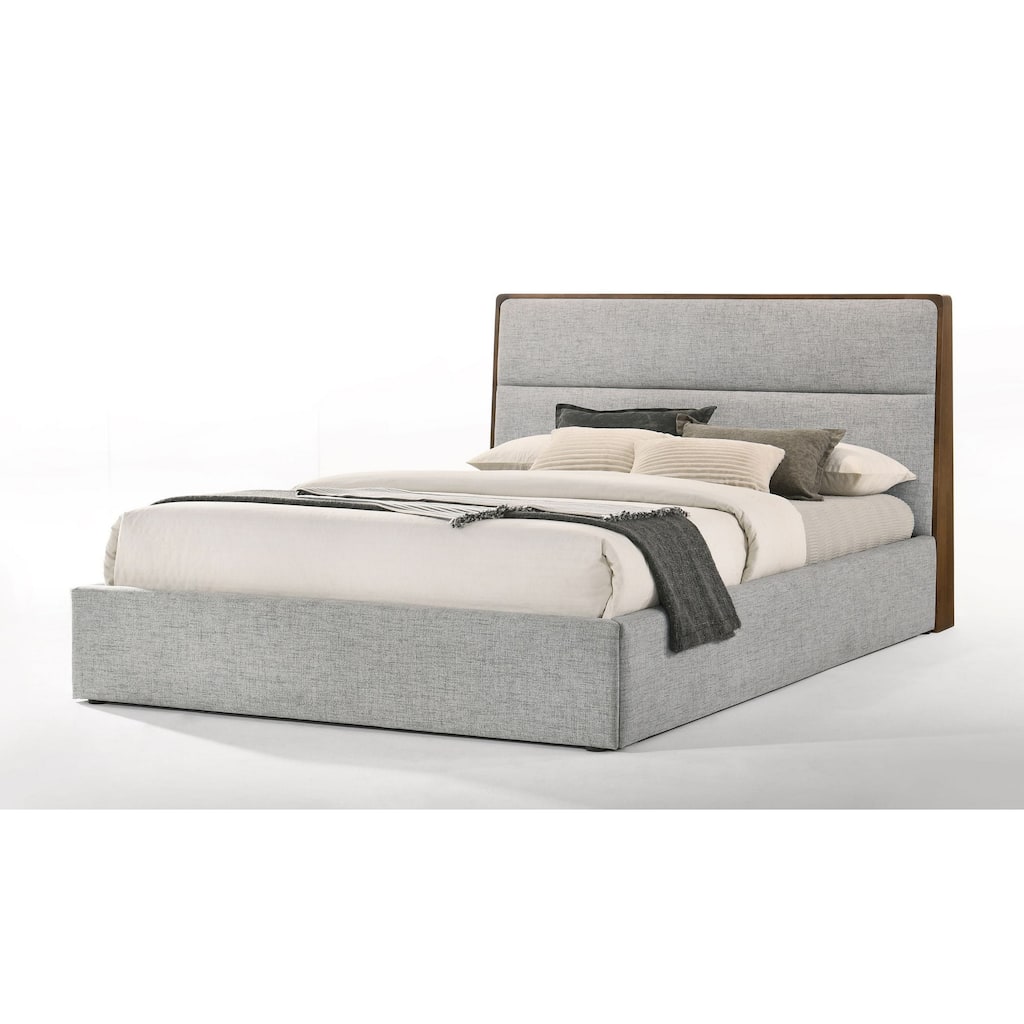 Aki Queen Size Platform Bed, Cushioned Upholstery, Gray Polyester, Walnut