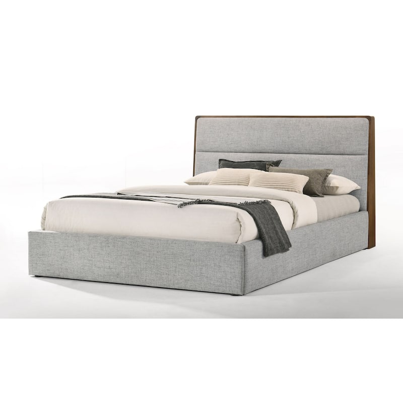 Aki Queen Size Platform Bed, Cushioned Upholstery, Gray Polyester, Walnut