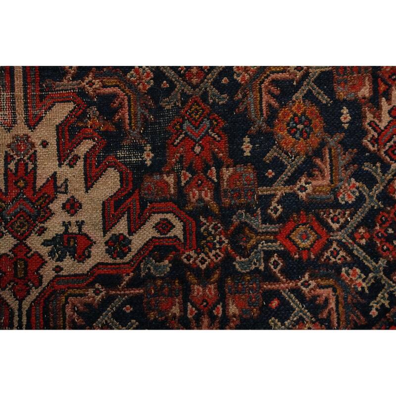 Hand Knotted Oriental 100% Wool Carpet Traditional Geometric Navy Blue & Blues Bibikabad Runner Rug - 13' 4'' X 3' 5''