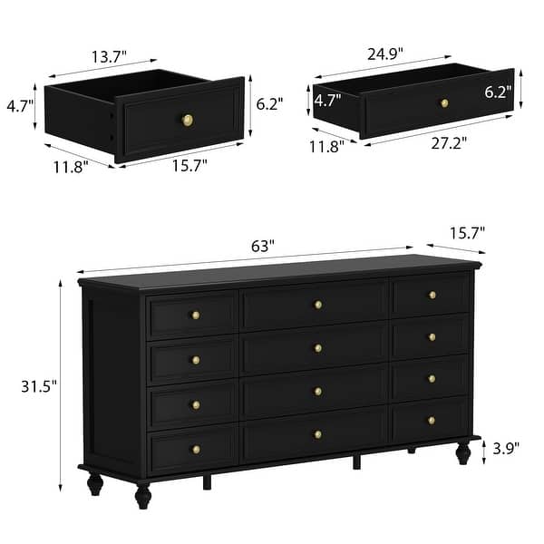 dimension image slide 4 of 5, Timechee 63'' W Dresser White Chest Srorage Cabinet Lacquer Drawers