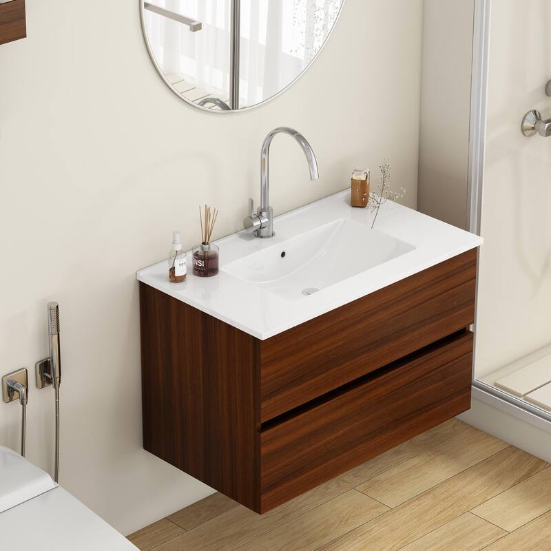 Wall-Mounted Walnut Bathroom Vanity with Double Drawers, Integrated Ceramic Sink, 32 Inch - 32 Inch