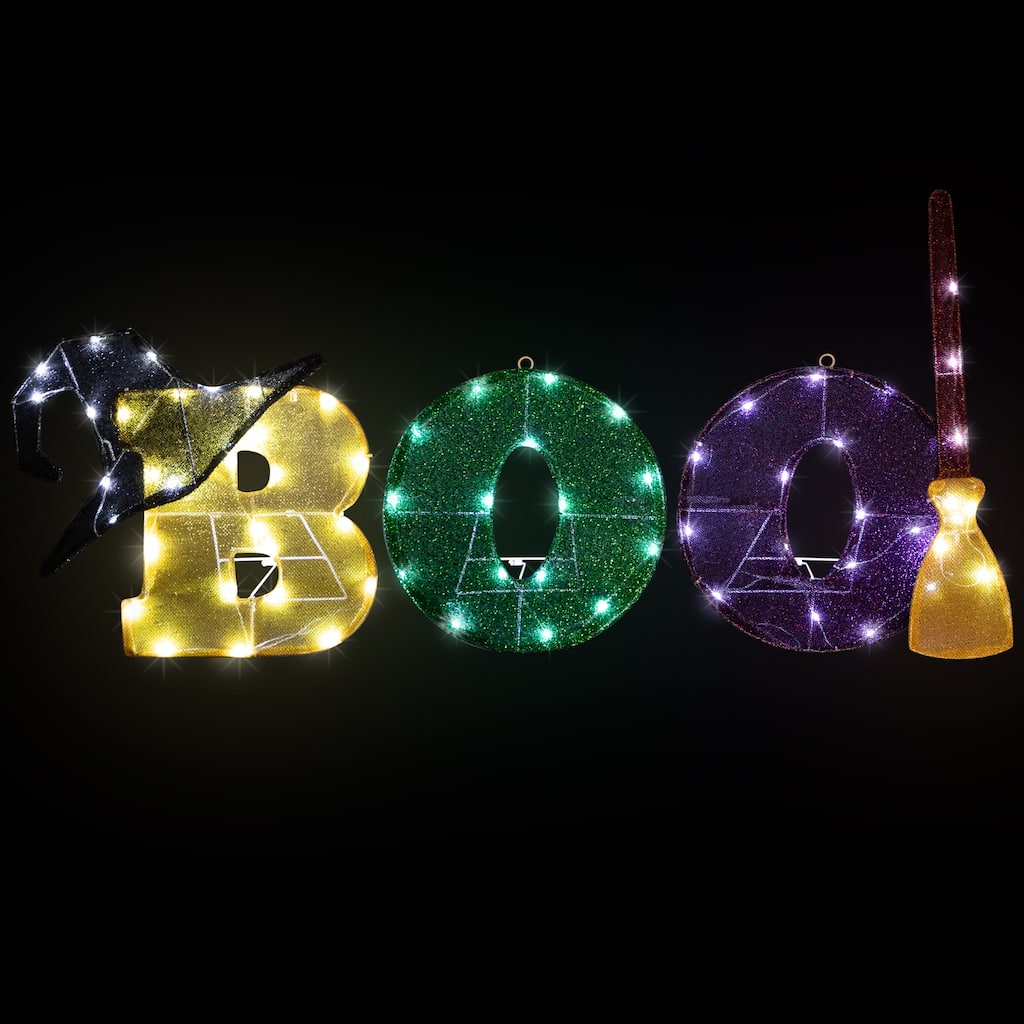 LED Lighted Tinsel "Boo" Outdoor Halloween Decoration - 50" - Clear Lights
