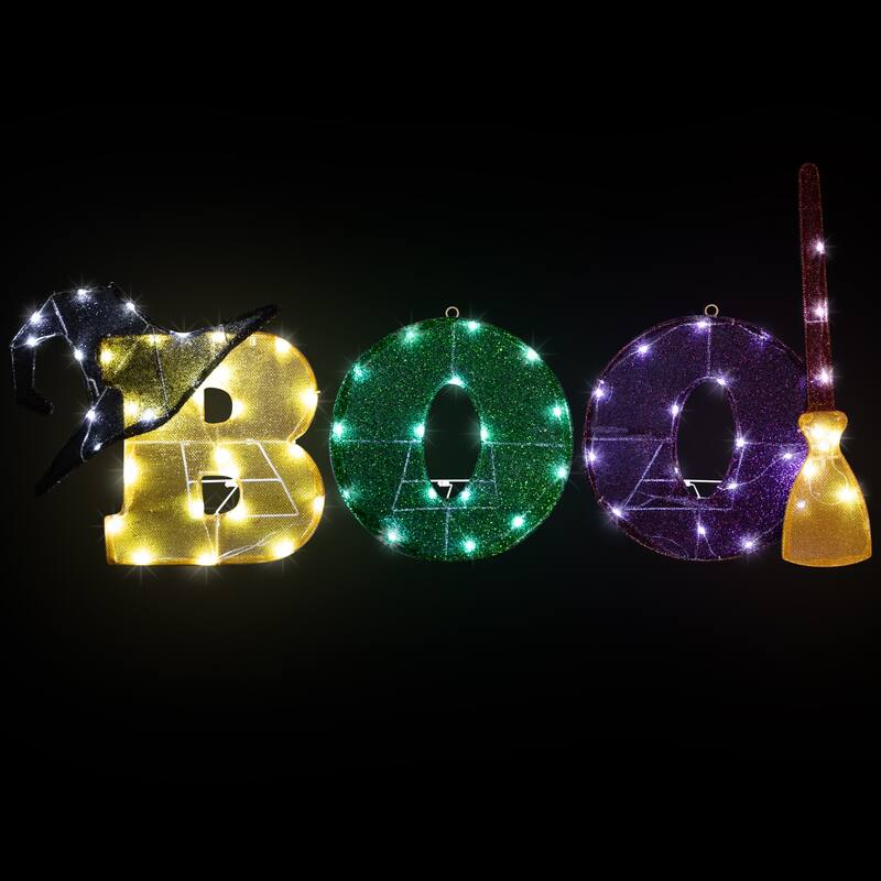 LED Lighted Tinsel BOO Outdoor Halloween Sign Decoration - 50" - Clear Lights