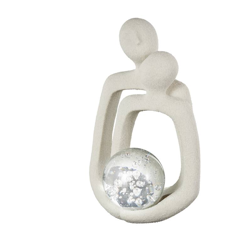 White Polystone Abstract Textured People Decorative Sculpture with Clear Glass Bubble Textured Orb and Black Speckles