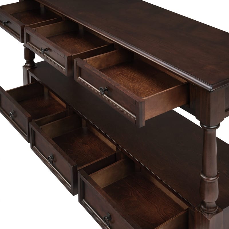 Retro 54" Solid Wood Console Table with 6 Drawers and Shelf for Vintage Living Room and Hallway Storage