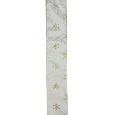 Gold and White Snowflake Printed Christmas Wired Craft Ribbon 2.5" x 10 Yards