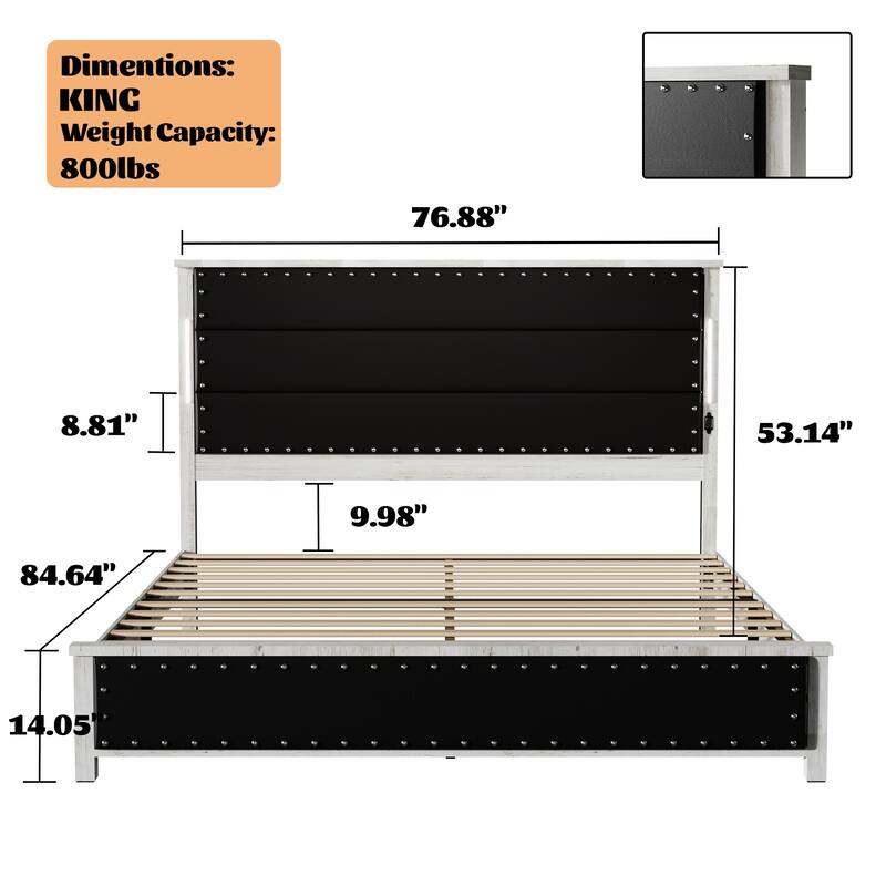 King Size Upholstered Platform Bed with Charging Station and LED Lights