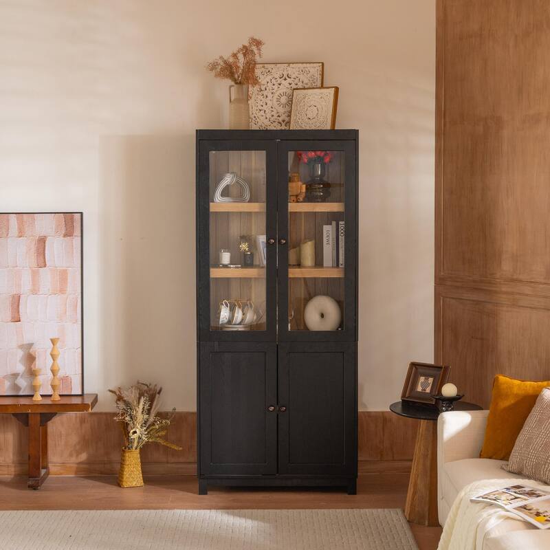 74.5'' Tall Display Cabinet with Glass Doors, Modern Style China Cabinet, Curio Cabinet for Collectibles Figures Trophies - Black