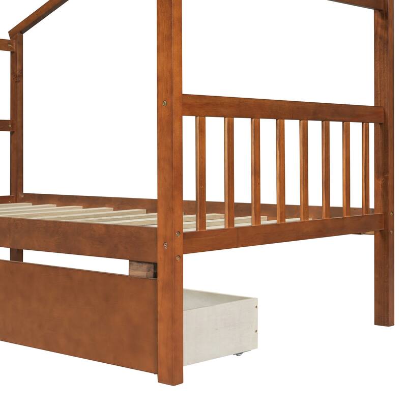 Twin Size Wooden House Bed with Drawers, Walnut Finish