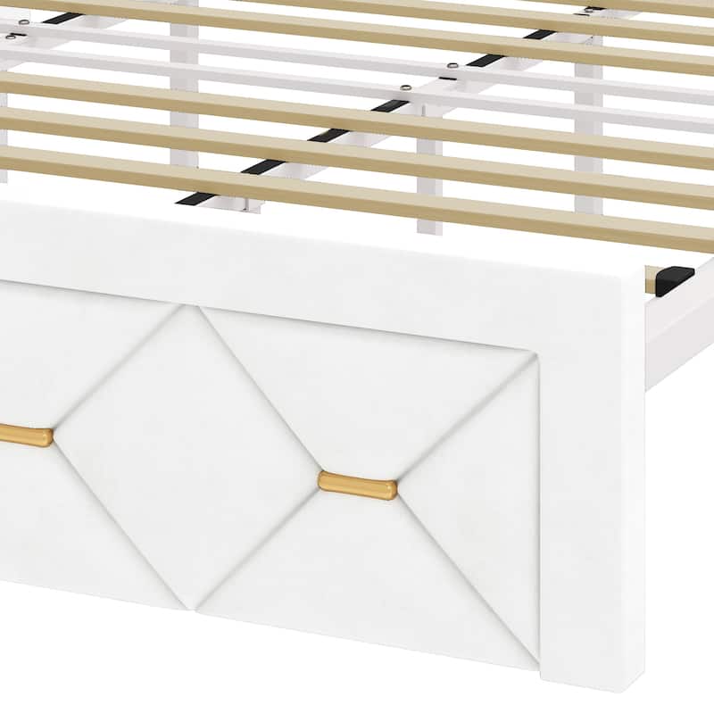 Farmhouse Bed Frame Upholstered Headboard Platform Bed with Charging Station