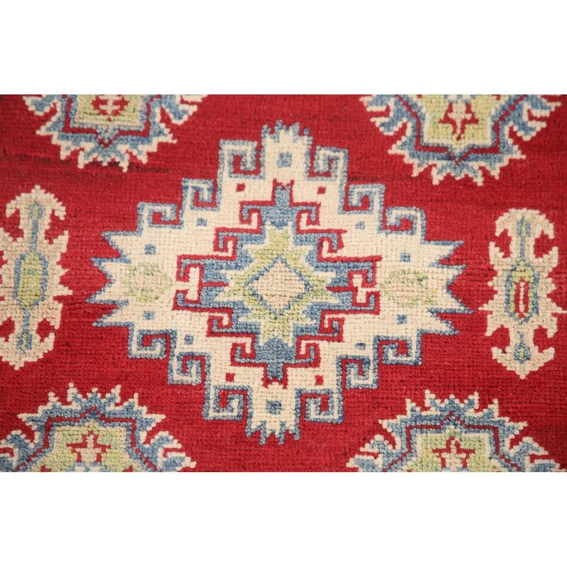 Hand Knotted Oriental 100% Wool Carpet Traditional Geometric Red Kazak Runner Rug - 6' 8'' X 2' 9''