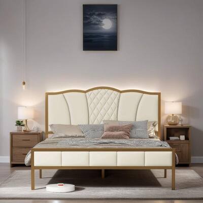 Golden Metal Upholstered Platform Bed Frame with Tufted Headboard, Queen Size