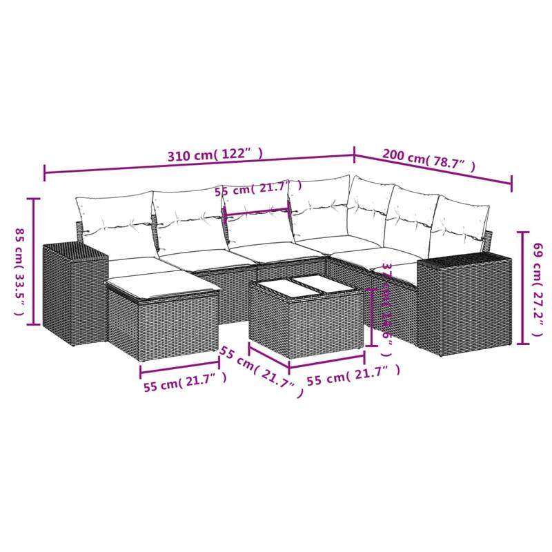 vidaXL 7/8 Piece Patio Sofa Set with Cushions Black/Brown/Gray Poly Rattan - 24.4 x 24.4 x 27.2