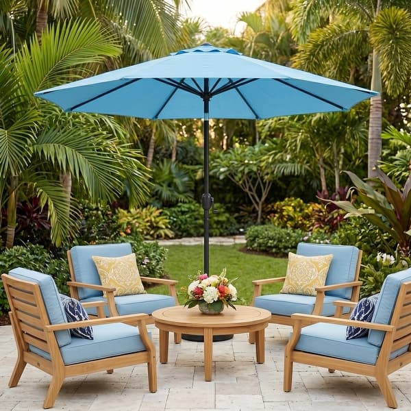 7.5 blue patio table umbrellas Abba Market Umbrella Uv rays are present in any weather (as long as its daytime) and the most direct way to protect your skin is to shield it from direct Exposure Spa Blue Crank & Tilt