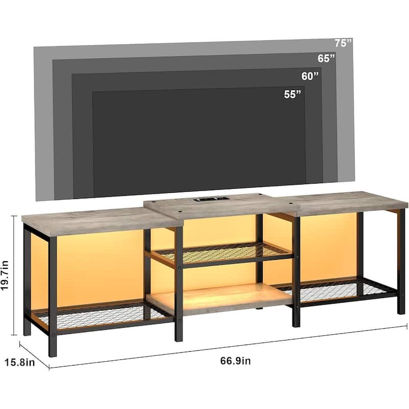 TV Stand with LED Lights, with Power Outlets, for 55/65/75