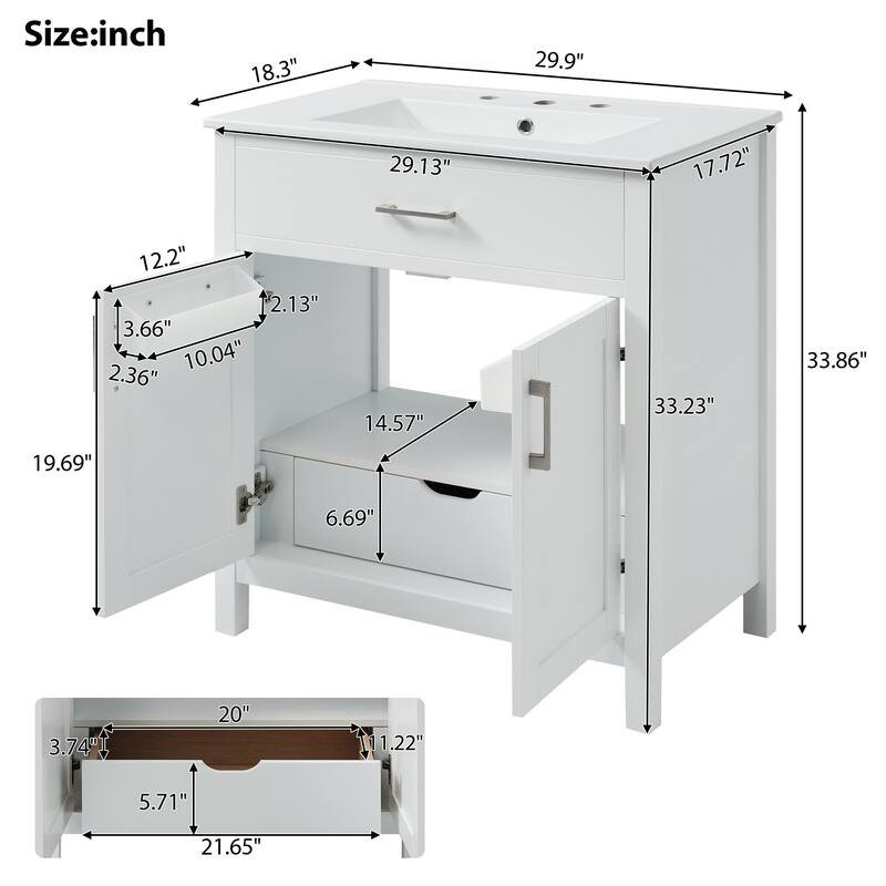 30-Inch Bathroom Vanity with Ceramic Sink, Ample Storage & Soft-Close Doors - Ideal for Small Bathrooms