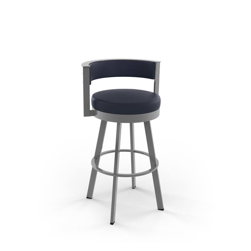 Amisco Browser Swivel Bar Stool - Navy Blue Faux Leather / Glossy Grey Metal