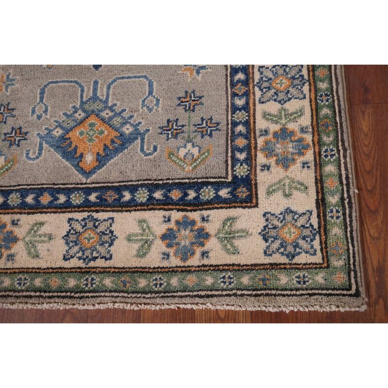 Geometric Kazak Foyer Rug Handmade Grey Wool Carpet - 2'9" x 4'0"