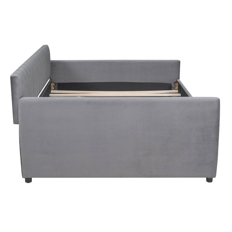 Full Size Daybed with Trundle,Upholstered Day Bed Frame Velvet Sofa Beds with Vertical Channel Tufted