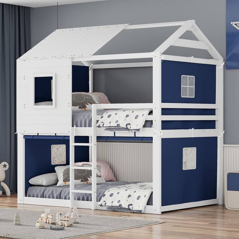 Playhouse Bed Floor Bunk Bed Kids Loft Bed with Tent - Blue - Full