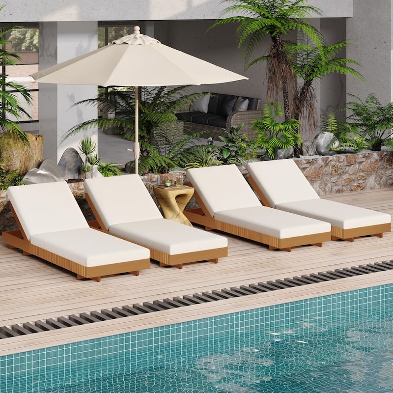 Christopher Knight Home - Gimmie Lounge Chaise Set Solid Acacia Wood with Waterproof Cushion & Adjustable Backrest - Cream + Set of 4
