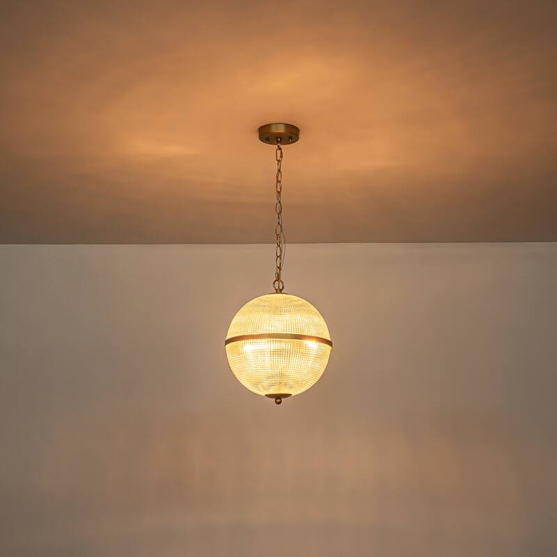 3-Light Mid-Century Modern Glam Gold Grid Glass Globe Chandelier Ceiling Light - 11.8 in. W x 13.39 in. H