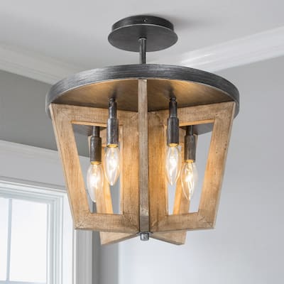 Modern Farmhouse 5-light Wood Semi-flush Mount Ceiling Lights - L 14.2" x W 14.2 "x H 14.4"
