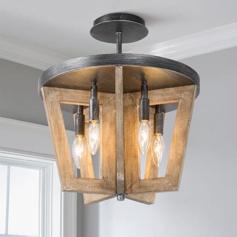 Mid-century Modern Farmhouse 5-light Wood Semi-flush Mount Ceiling Lights - L 14.2" x W 14.2 "x H 14.4"