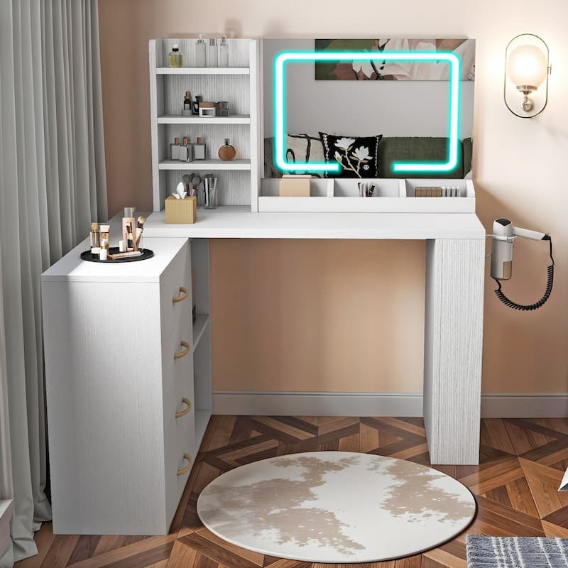Moasis L-Shape Makeup Vanity Desk with Mirror and Lights & Charging Station