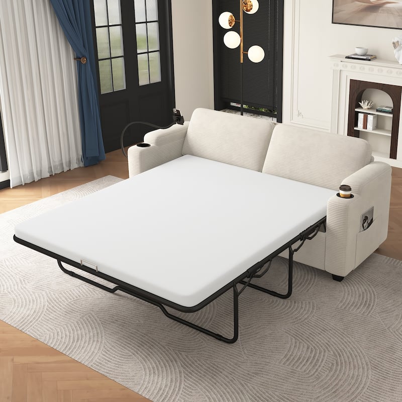 Roomfitters Corduroy Sleeper Sofa Loveseat with Full-Size Mattress, USB Ports, Cup Holders, Side Pockets - Beige
