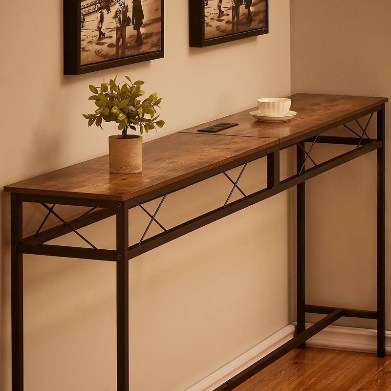 VECELO Industrial Rectangular Wood Console Table with AC Power and USB Charging Ports