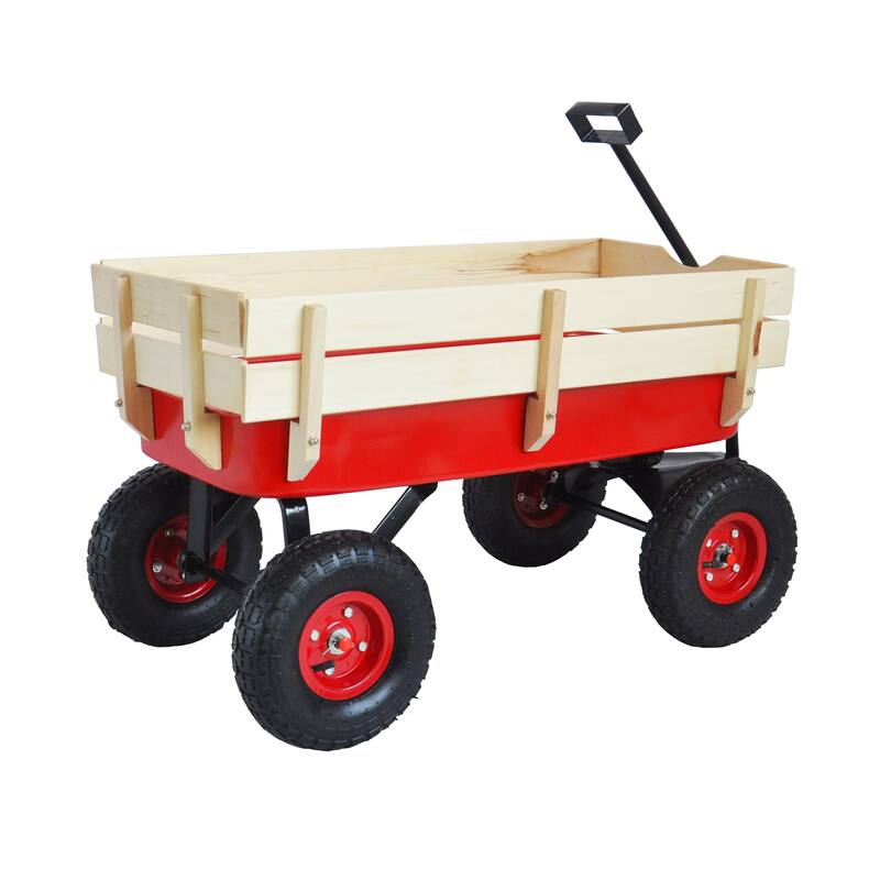 All-Terrain Yard Cart - Adjustable Handle, Large Capacity, Steel and Wood Construction with 180° Steering - Metal