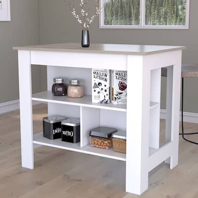 Kitchen Island with 3 Shelves, Wide Top Surface, Silver Nanoparticle Protection, 35" High, White / Light Gray