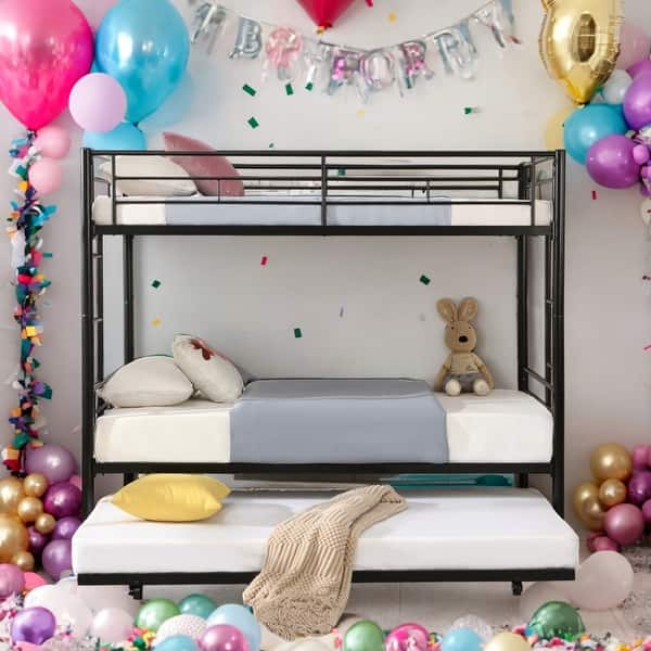 slide 2 of 15, Twin Over Twin Bunk Bed with Trundle and Guard Rail and 2 Side Ladders Black