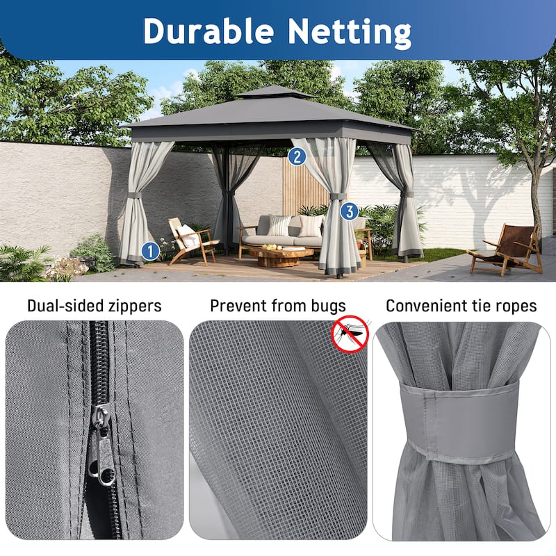 10x12 Outdoor Gazebo Tent with Double Roofs, Patio Gazebo with Mosquito Netting, Patio Canopy