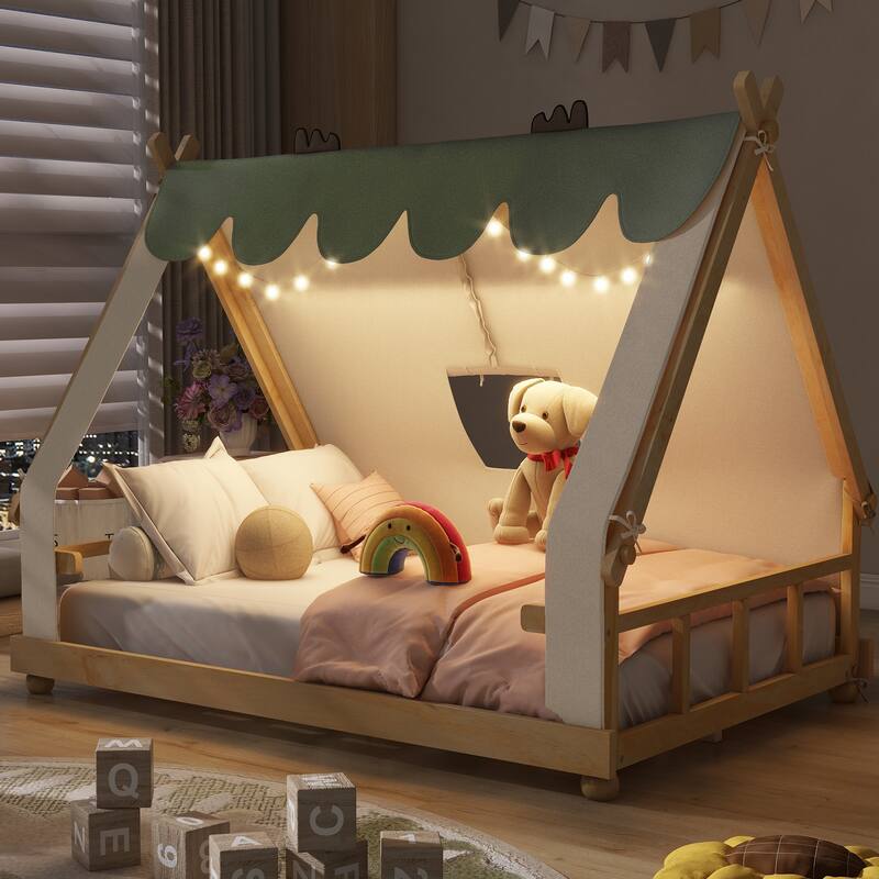 House Bed with Antler Accents Light Tent and Roof Wood Bed Frame - White - Full
