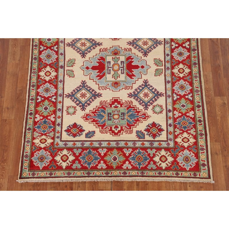 Geometric Beige / Ivory Kazak Oriental Area Rug Handmade Wool Carpet - 4'2" x 5'7"