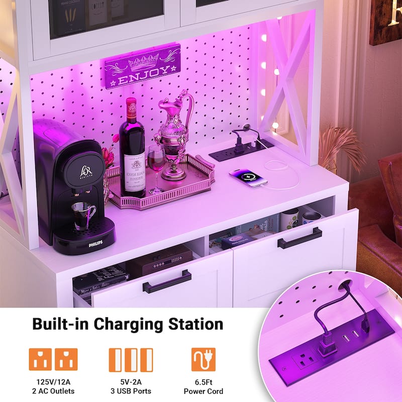 71" Kitchen Pantry Storage Cabinet with LED Light & Power Outlet, Freestanding Buffet Cabinet with Microwave Stand and Doors