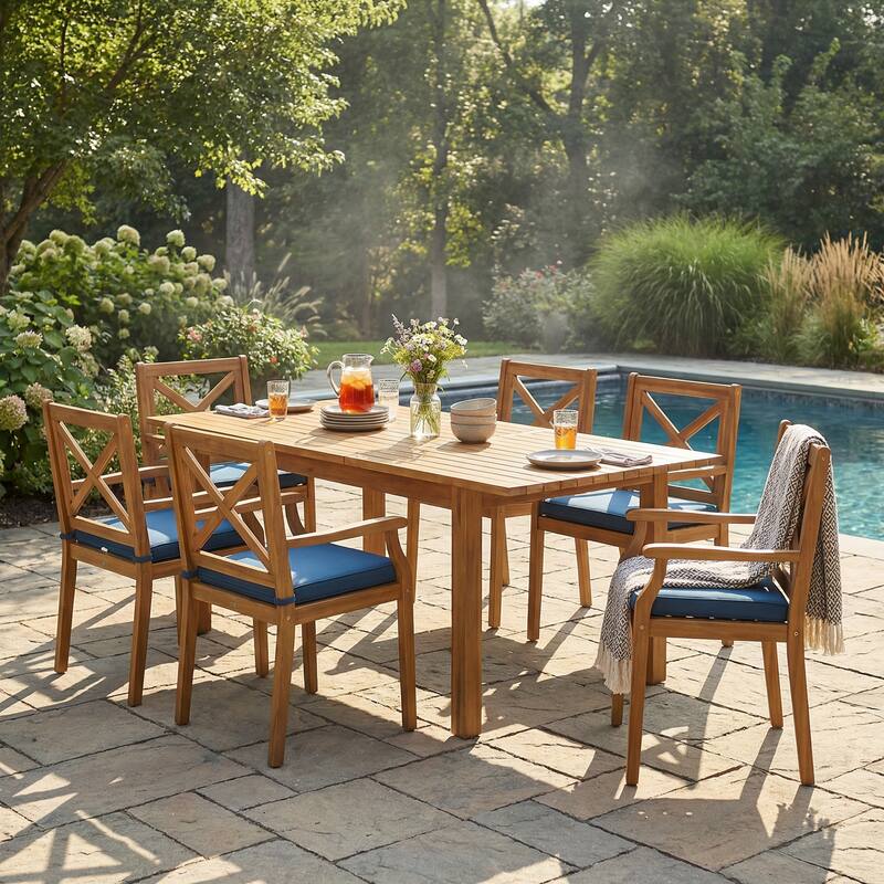 Christopher Knight Home - Modern 7-Piece Solid Acacia Wood Extendable Outdoor Dining Set with Cream Cushioned Chairs - Teal + Teak