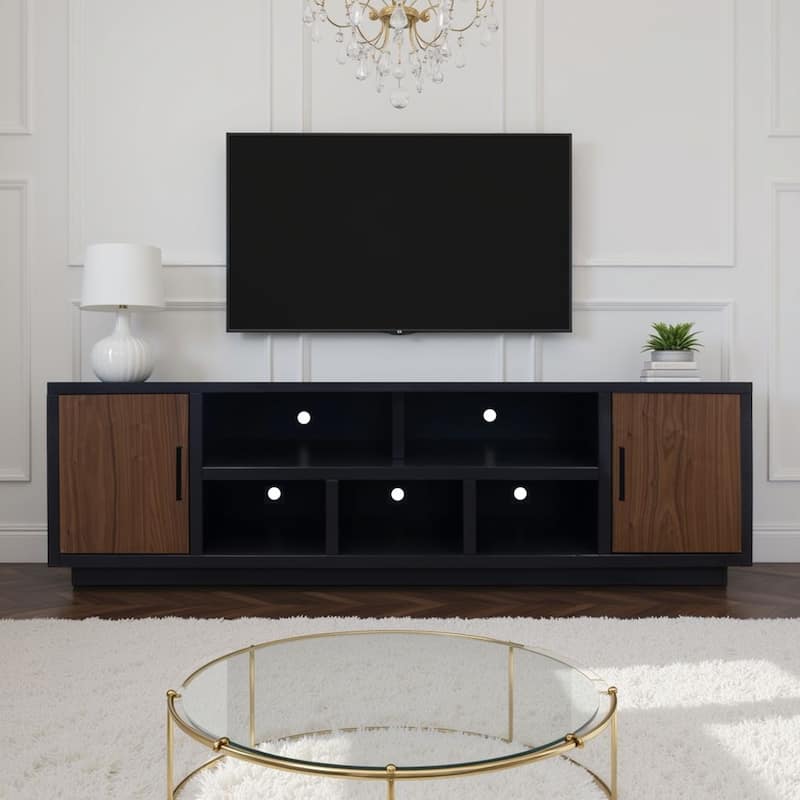 Bridgevine Home Aria 85 inch TV Stand for TVs up to 95 inches, No Assembly Required, Black and Walnut Finish