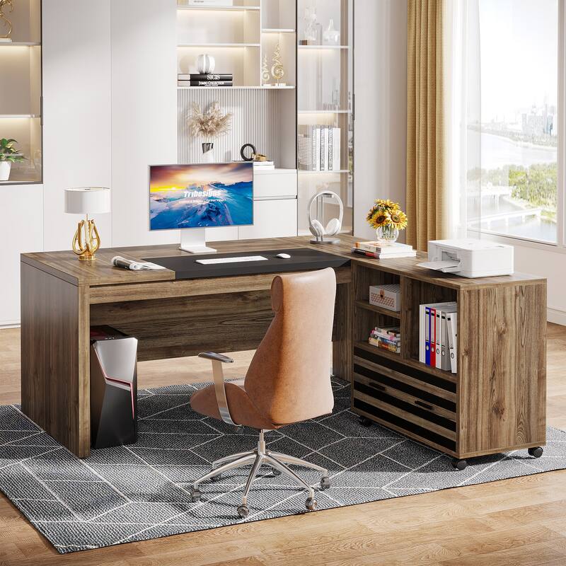 62.2" Executive Desk with Mobile File Cabinet, L-Shaped Office Desk for Home Office - Rustic Brown